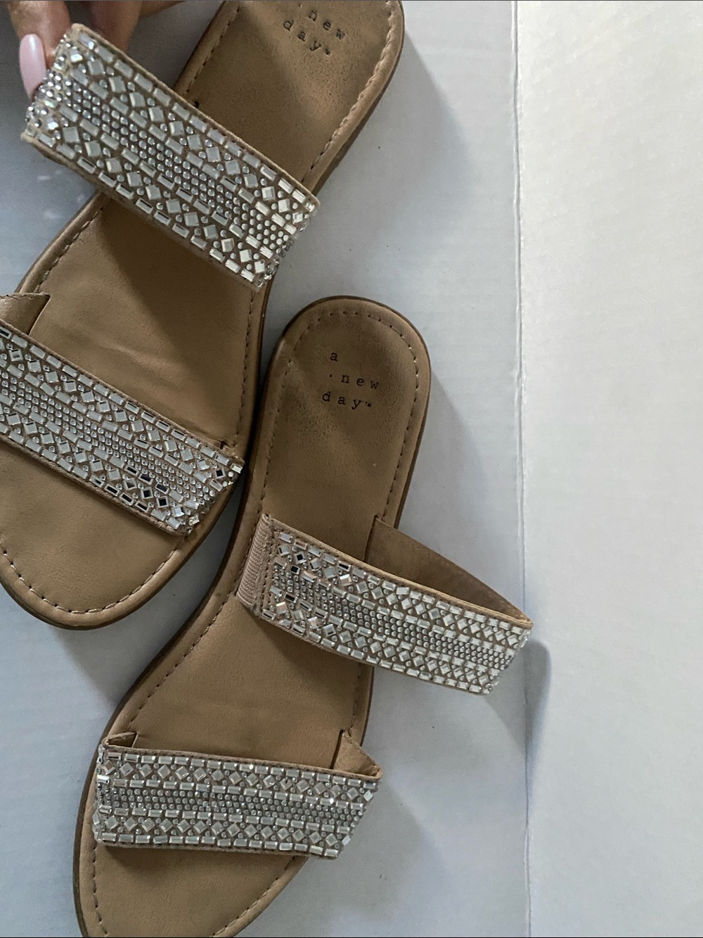 a new day Tan Crystal Double-Strap Slide Sandals